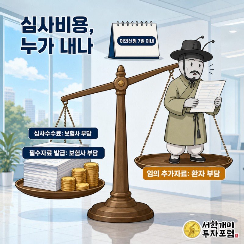 저울 왼쪽엔 보험사 부담 서류가 쌓이고 오른쪽엔 서민개미가 임의 추가자료 비용을 홀로 짊어지는 심사비용 비교 이미지