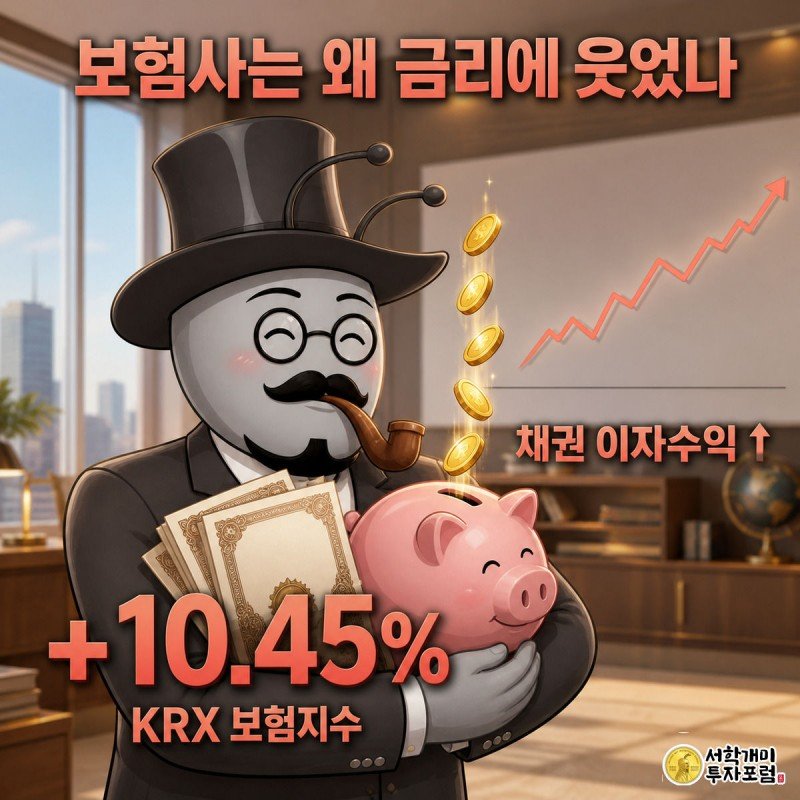 개미가 채권 증서 다발을 안고 저금통에 동전이 쏟아지는 모습을 흐뭇하게 바라보며, 뒤로 완만히 오르는 금리 그래프 전광판이 보이는 그림