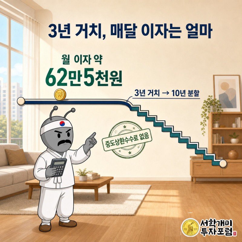 서민개미가 계산기를 들고 3년 이자 구간과 10년 상환 구간을 나눈 시간축 앞에서 월 이자 62만5천원을 확인하는 모습