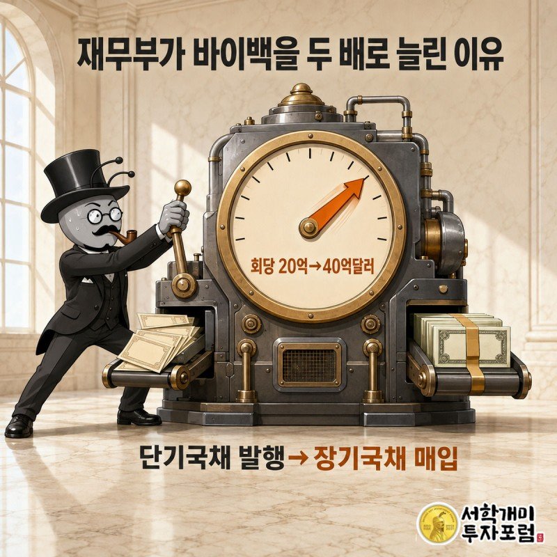 부자개미가 바이백 기계 레버를 당겨 매입 규모 계기판을 20억달러에서 40억달러로 두 배 늘리는 모습