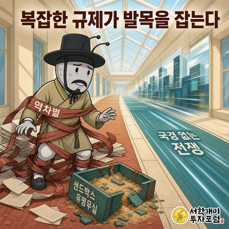 부자개미가 붉은 규제 리본에 다리가 칭칭 감겨 곤란해하는 동안 옆 트랙에서는 해외 빅테크 실루엣이 거침없이 앞서가는 모습