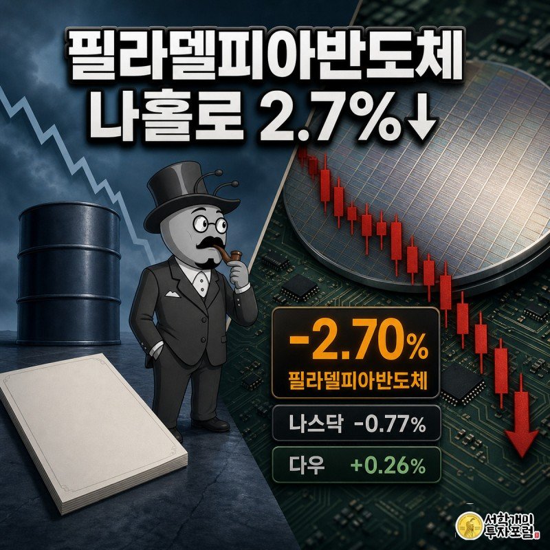유가와 금리 그래프는 잔잔히 내려가는데 반대편에서는 반도체 웨이퍼 위 캔들차트가 붉게 무너져 개미가 경악하는 대비 장면