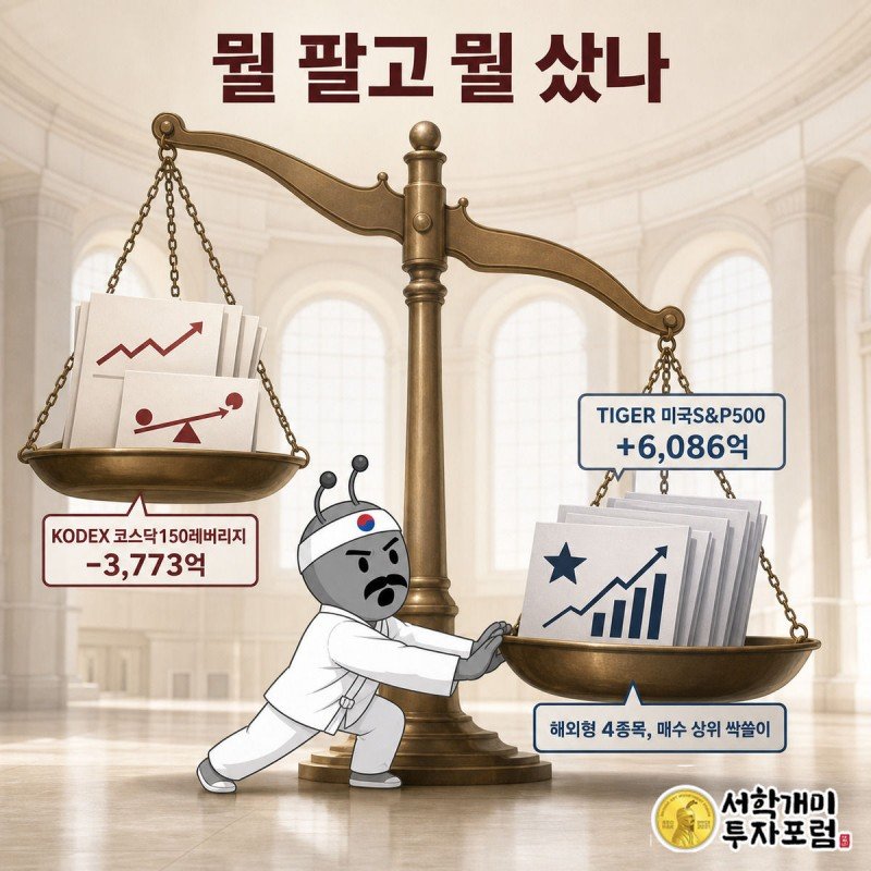 저울 왼쪽 국내 레버리지 ETF 카드는 가볍게 뜨고 오른쪽 미국 지수 ETF 카드는 무겁게 눌러 앉는다