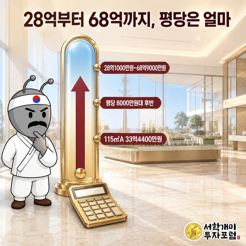 목동윤슬자이 분양가 28억1000만원부터 68억9000만원까지를 세로 게이지로 보여주며 개미가 짚어보는 이미지