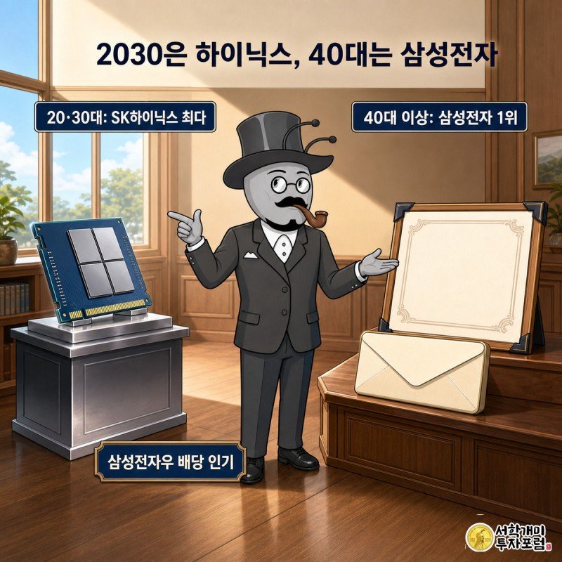 왼쪽 젊은 개미는 반도체 칩을, 오른쪽 나이든 개미는 삼성전자 증서와 배당봉투를 들고 있는 연령대별 종목 선호 비교 이미지