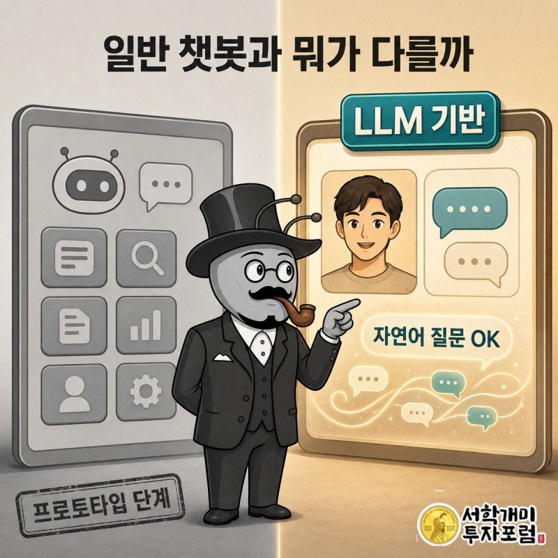 왼쪽의 버튼식 챗봇과 오른쪽의 자유 대화형 AI프로모터를 개미가 손가락으로 비교하는 장면