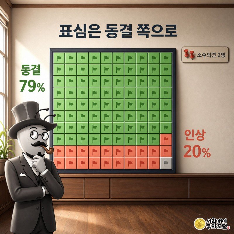 개미가 채권시장 설문 결과인 동결 79%, 인상 20% 투표판을 바라보며 신중한 표정을 짓는 그림
