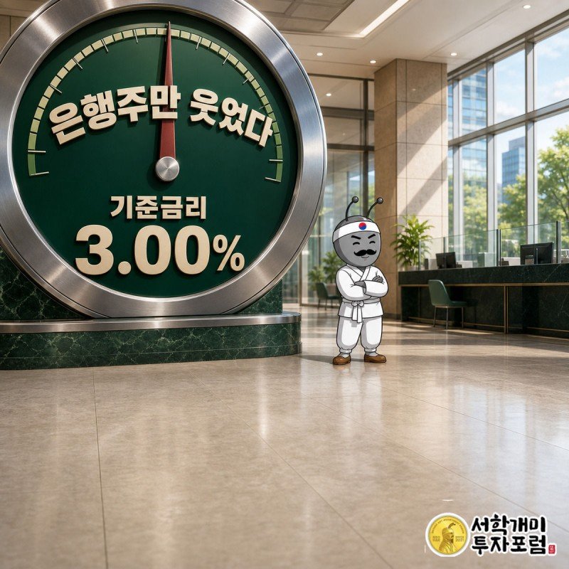 코스피 하락 속에서도 기준금리 3.00% 게이지 앞에서 여유롭게 웃는 부자개미를 그린 표지 이미지