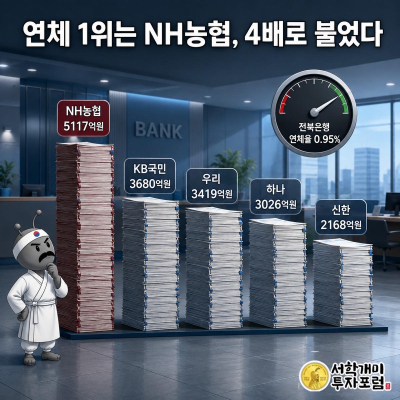NH농협 막대가 가장 높이 솟은 은행별 연체 잔액 막대그래프를 서민개미가 올려다보는 모습