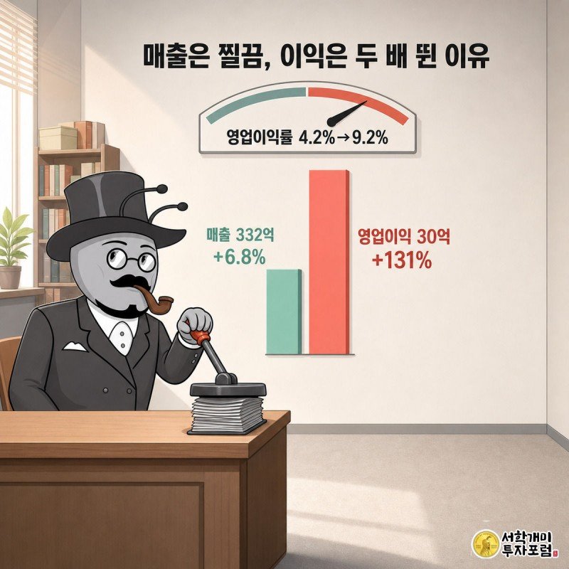 매출 막대는 조금, 영업이익 막대는 크게 솟아오르고 개미가 원가 더미를 지렛대로 누르는 모습
