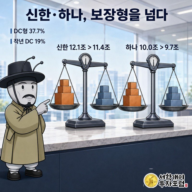 신한·하나은행 명패가 붙은 저울 두 개가 원리금비보장 쪽으로 기운 것을 개미가 확인하는 모습의 삽화