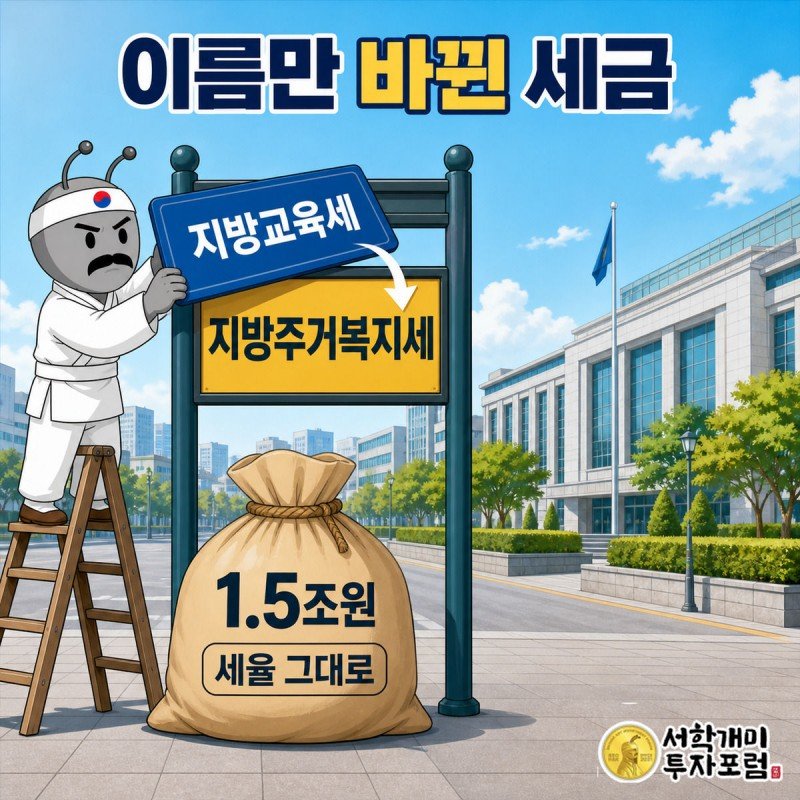 개미가 지방교육세 간판을 떼어내자 그 뒤에 똑같은 크기의 지방주거복지세 간판이 드러나는 장면