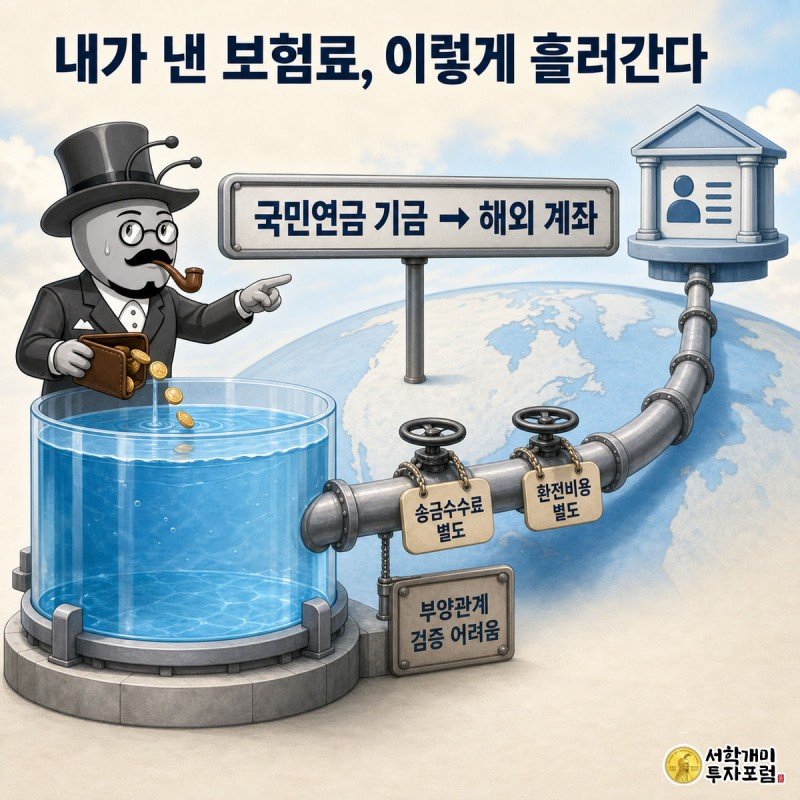 국내 개미들이 기금 저수지에 보험료를 붓는데 파이프를 타고 그 물이 해외 계좌로 빠져나가는 모습을 개미가 걱정스럽게 바라본다