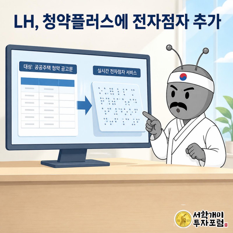 청약 공고문 화면 위로 점자 돌기가 떠오르고 개미가 놀라서 가리키는 모습