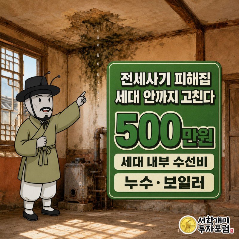 낡은 반지하 방 안에서 서민개미가 벽의 누수 얼룩을 가리키며 놀라는 모습과 500만원 지원 수치가 함께 표시된 커버 이미지