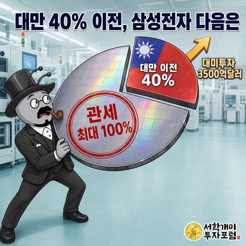 웨이퍼에 100% 관세 스탬프가 찍히고 대만 색 조각이 미국으로 흘러가는 것을 보며 서민개미가 놀라는 그림