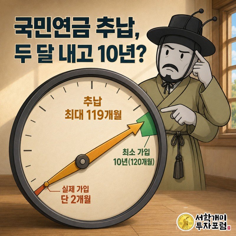 국민연금 추납 게이지 바늘이 실제 가입 2개월 지점에서 10년 완주선까지 호박색 화살표로 단숨에 밀려 올라가고 서민개미가 의심스러운 표정으로 지켜보는 모습