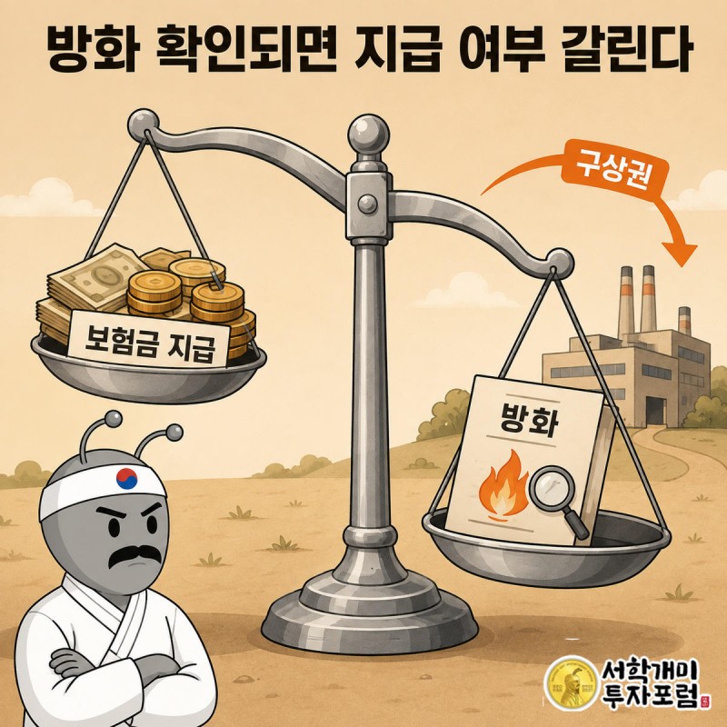방화 도장이 놓인 쪽으로 기우는 저울을 바라보는 부자개미, 보험금 지급과 구상권을 비교하는 장면