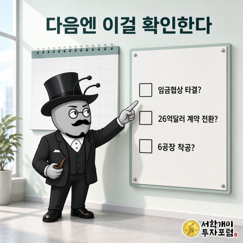 서민개미가 임금협상, 계약 전환, 6공장 착공 여부를 체크리스트로 확인하는 그림