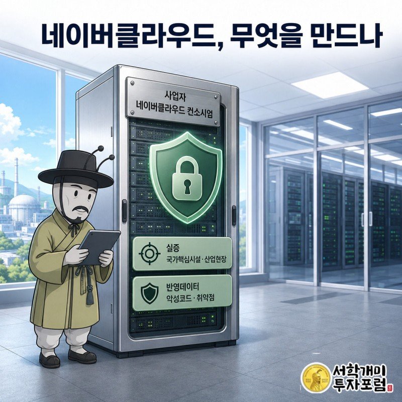 네이버클라우드 서버랙에 방패와 자물쇠 아이콘이 결합된 모습 앞에서 개미가 태블릿으로 사업 서류를 확인하는 그림