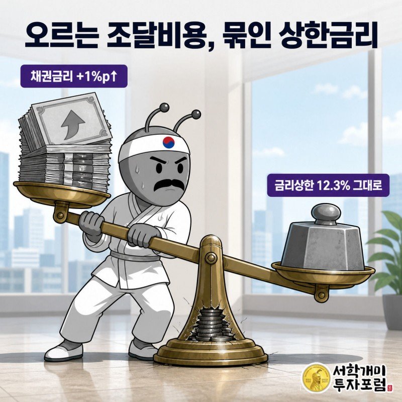 저울 한쪽에는 치솟는 채권금리 추, 다른 한쪽에는 12.3% 팻말이 달린 고정 추가 놓여 마진을 상징하는 얇은 동전층을 짓누르고, 부자개미가 곤혹스러운 표정으로 저울대를 붙잡는 그림