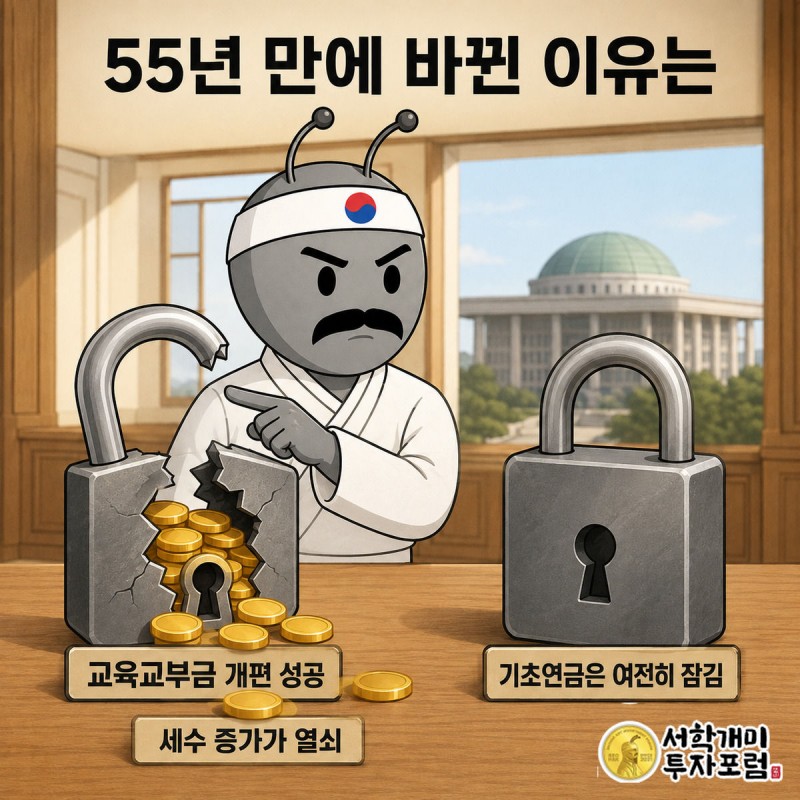 55년 된 낡은 자물쇠가 부서져 금빛 동전이 쏟아지는 교육교부금 개편 장면과, 여전히 굳게 잠긴 기초연금 70% 자물쇠를 좌우로 비교한 그림, 부자개미가 왼쪽을 가리키며 여유롭게 웃고 있다.
