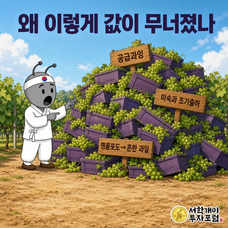 산더미처럼 쌓인 포도 상자와 덜 익은 미숙과를 보며 당황하는 개미 캐릭터, 공급과잉을 보여주는 장면