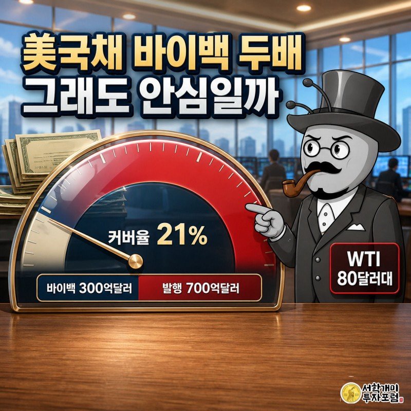 대형 게이지 계기판 앞에서 개미가 낮은 바이백 커버율 바늘을 가리키며 의심스러운 표정을 짓는 그림