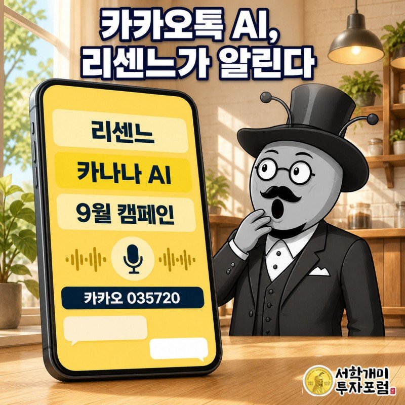 서민개미가 스마트폰으로 카카오톡 카나나 AI 통화요약 기능을 보고 놀라는 모습이고 뒤에 리센느 캠페인 포스터가 붙어 있다