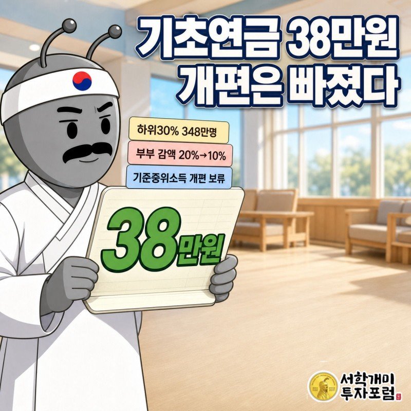 복지관에서 서민개미가 38만원이 찍힌 통장을 들고 반가움과 의심이 섞인 표정을 짓는 기초연금 예산안 커버 이미지