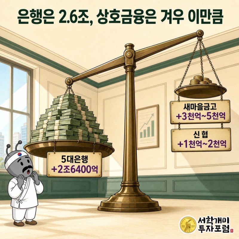 저울 왼쪽에 5대은행의 큰 돈뭉치, 오른쪽에 새마을금고·신협의 작은 동전더미가 놓여 크게 기운 것을 서민개미가 놀란 표정으로 보는 그림