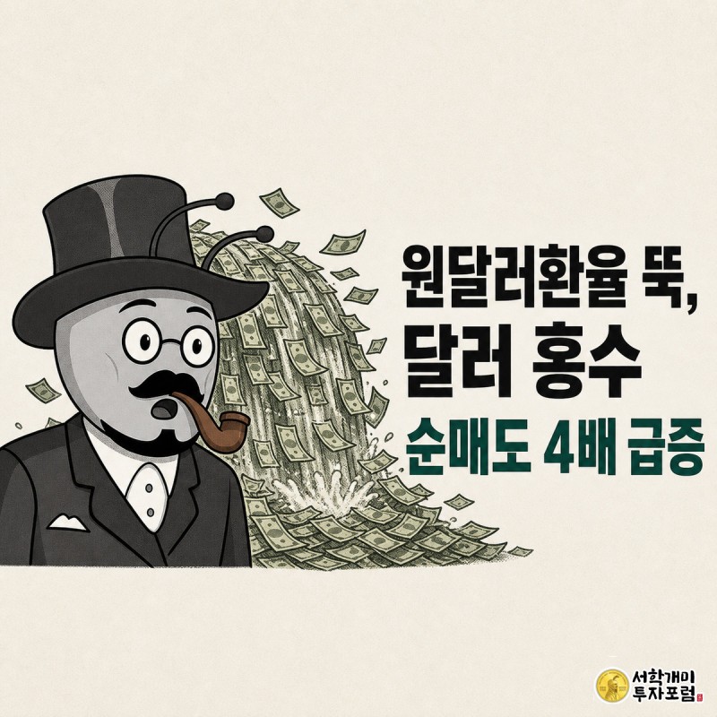 놀란 표정의 개미가 폭포처럼 쏟아지는 달러 지폐 앞에서 당황해하는 모습과 함께 원달러환율 급락과 순매도 4배 급증을 알리는 커버 이미지