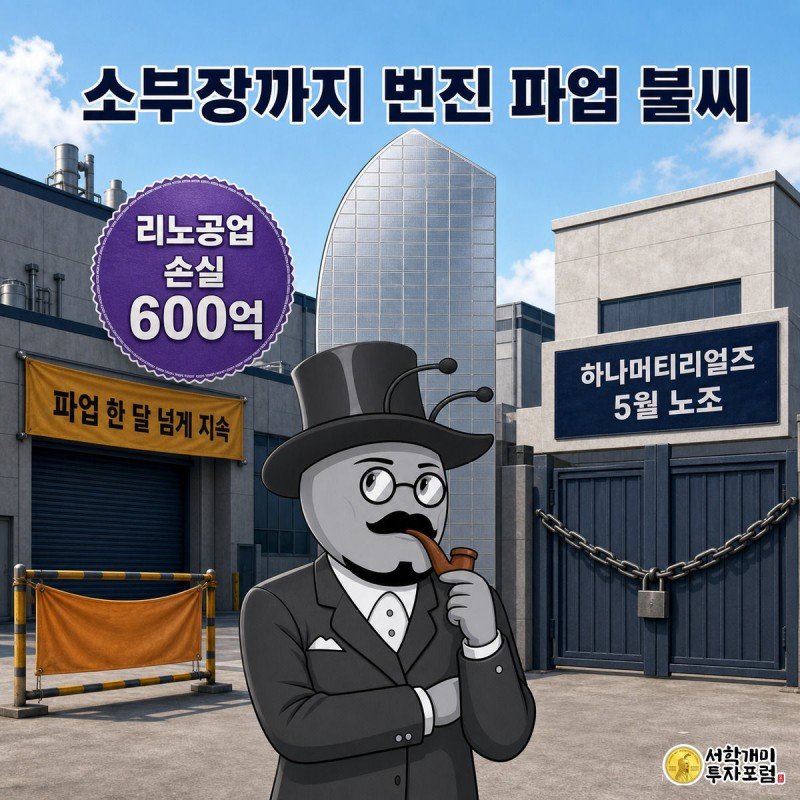 리노공업 파업 현장과 하나머티리얼즈 직장폐쇄 안내문을 좌우로 비교한 그림