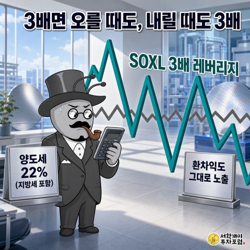 지그재그로 출렁이는 3배 레버리지 그래프 앞에서 개미가 계산기를 들고 진땀을 흘리며 세금·환율 표찰을 살피는 모습