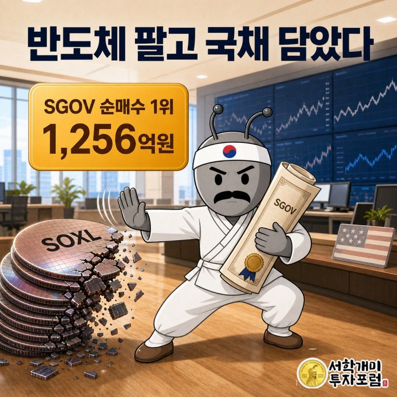 부자개미가 국채증서를 안도한 표정으로 끌어안고 무너지는 반도체 웨이퍼 탑을 밀쳐내는 커버 이미지