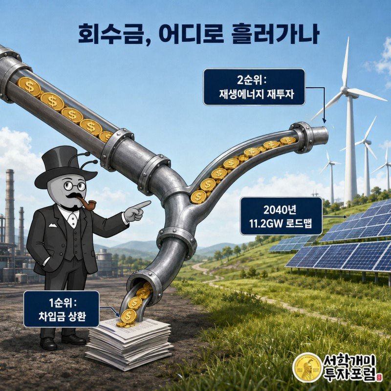 부자개미가 달러 흐름 파이프를 가리키며 차입금 상환과 재생에너지 투자로 갈라지는 자금 흐름을 설명하는 인포그래픽