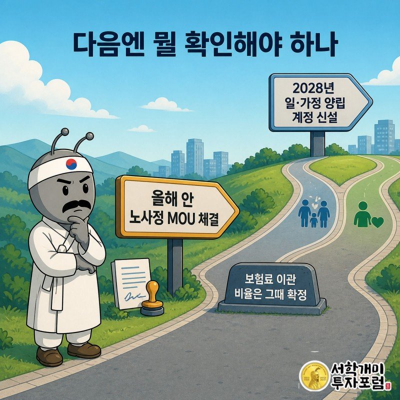 갈림길 이정표 두 개를 바라보는 개미, 가까운 이정표엔 올해 안 MOU 체결, 먼 이정표엔 2028년 계정 신설이 적혀 있다