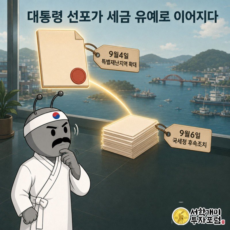 대통령의 특별재난지역 확대 선포 도장에서 빛줄기가 이어져 국세청 서류더미로 떨어지는 인과관계 장면