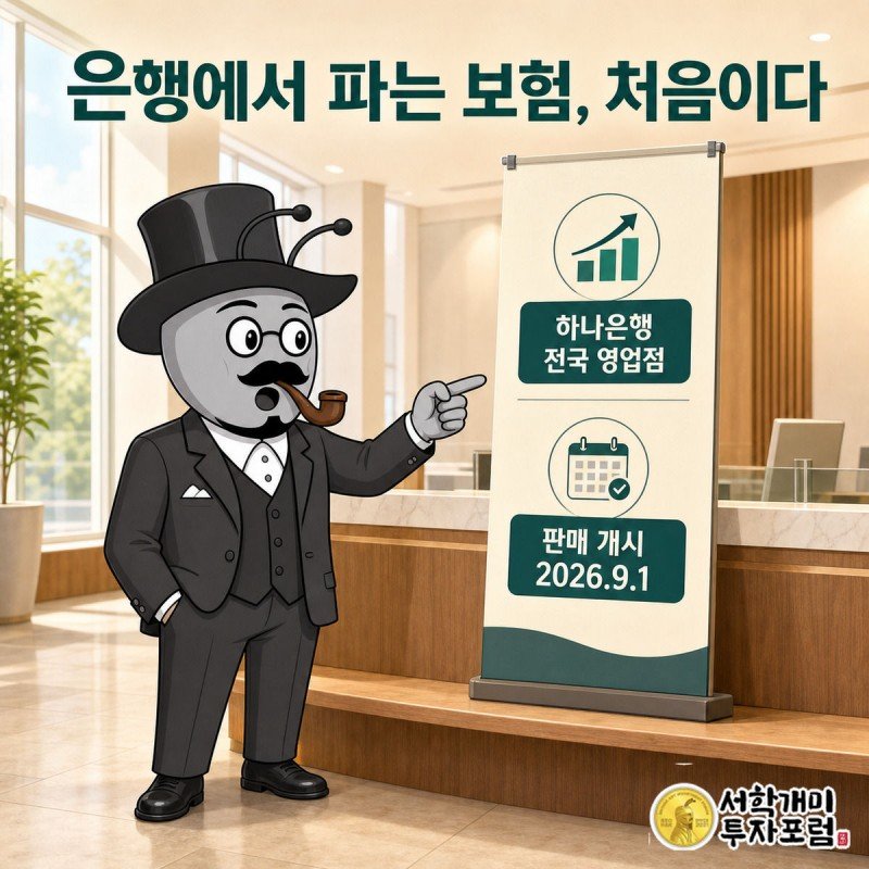양반개미가 하나은행 창구의 신상품 배너를 가리키며 놀라는 모습