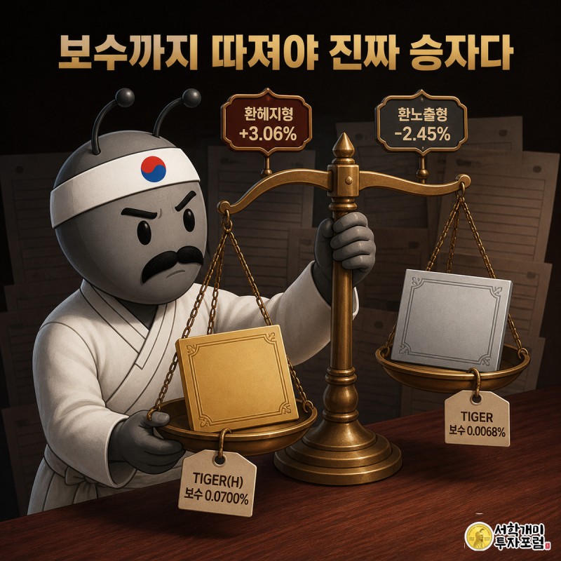 개미가 저울에 환헤지형과 환노출형 ETF 증서와 보수 태그를 올려놓고 저울질하는 모습