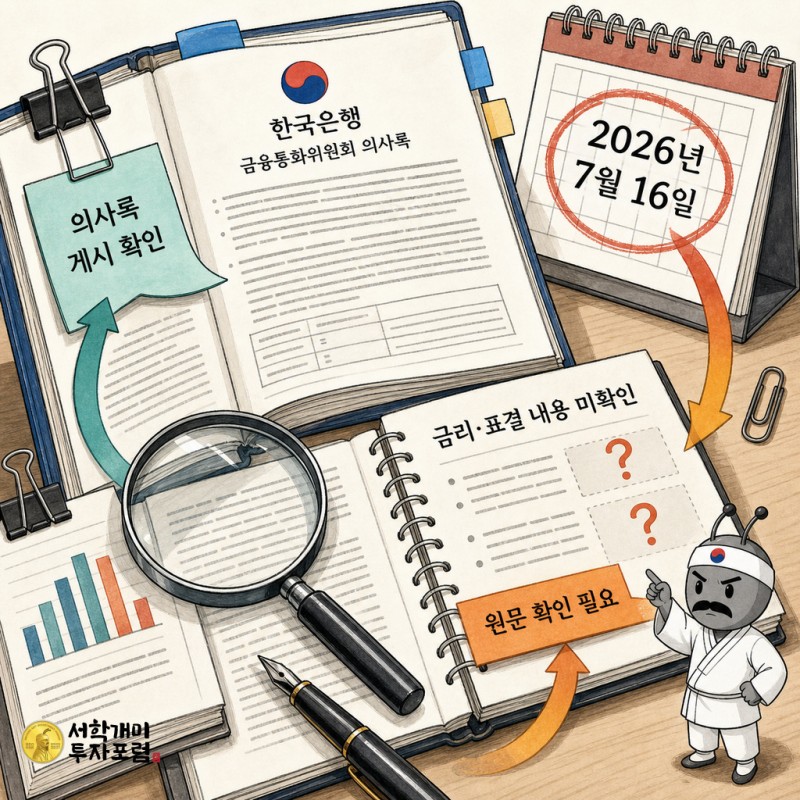 한국은행 금통위 의사록 게시 사실과 회의 내용 확인 필요성을 하나의 흐름으로 정리한 설명 이미지