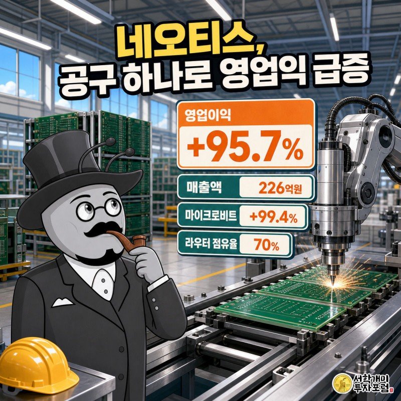 PCB 가공 공장에서 로봇팔 라우터가 기판을 절삭하는 모습을 안전모를 쓴 개미가 놀랍고 흐뭇한 표정으로 지켜보고, 옆에 영업이익 95.7% 증가를 나타내는 데이터 위젯이 떠 있다