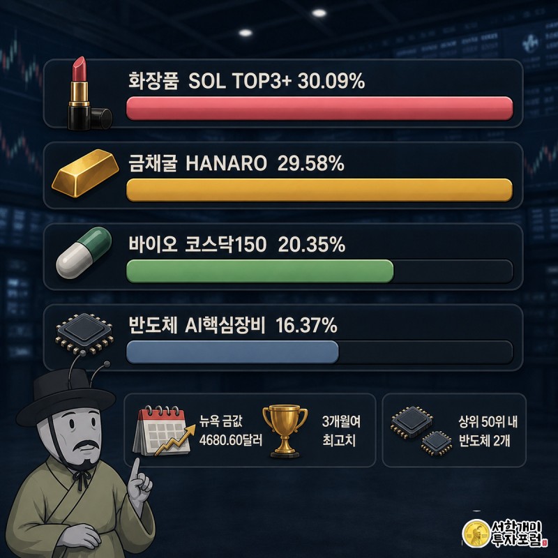 순위 막대 그래프에서 화장품·금채굴·바이오 막대는 높이 솟아 있고 맨 아래 반도체 막대만 짧아 개미가 의아한 표정으로 그것을 가리키고 있다