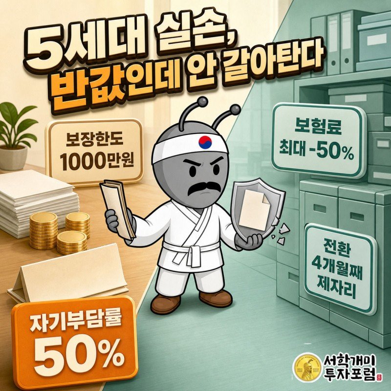 보험료가 싸진 왼쪽과 보장이 줄어든 오른쪽 사이에서 서민개미가 의심스러운 표정으로 서 있는 5세대 실손보험 표지 이미지