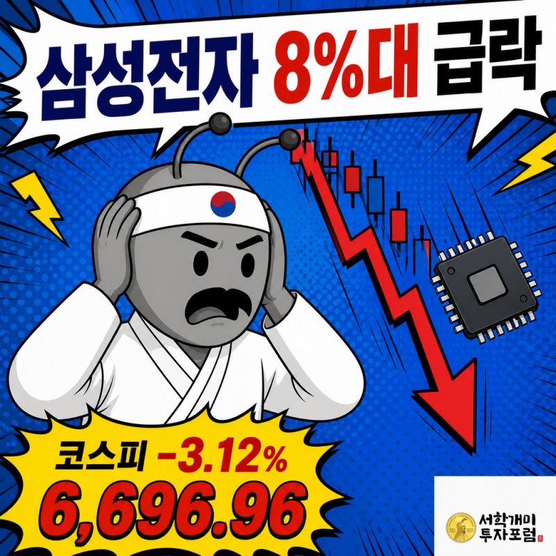 놀란 표정의 개미 캐릭터가 급락하는 빨간 캔들차트 화살표와 기울어진 반도체 칩을 바라보는 팝아트 코믹 커버 이미지.