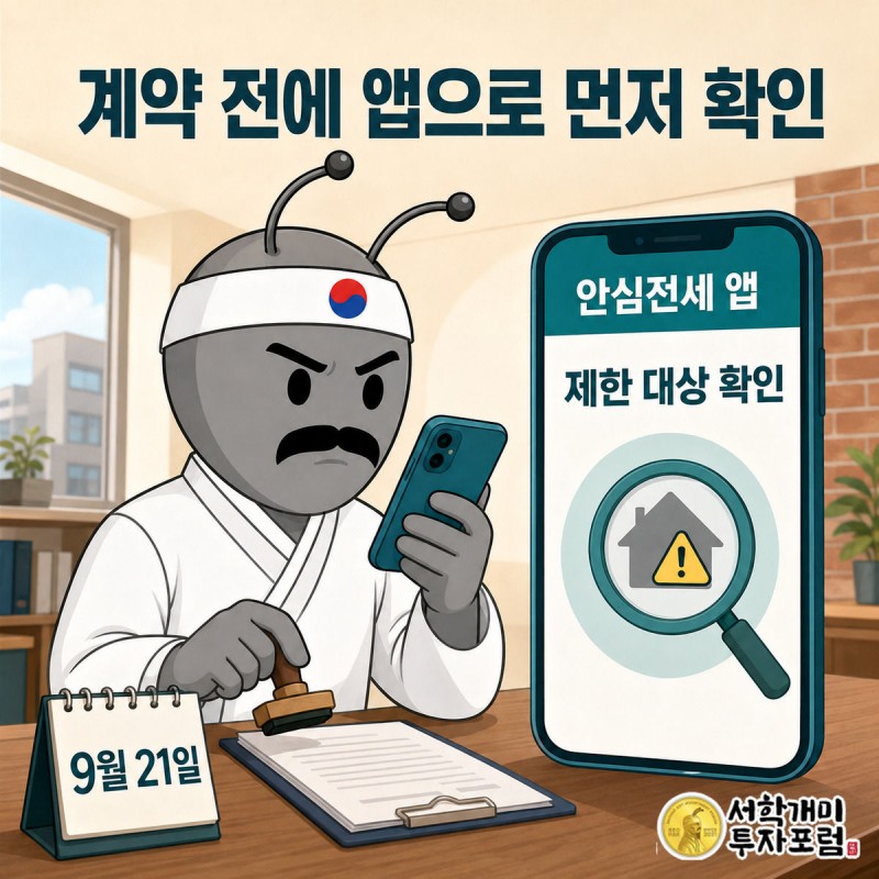 세입자가 계약 전 안심전세 앱으로 임대인의 보증 제한 여부를 확인하며 도장을 멈추는 장면