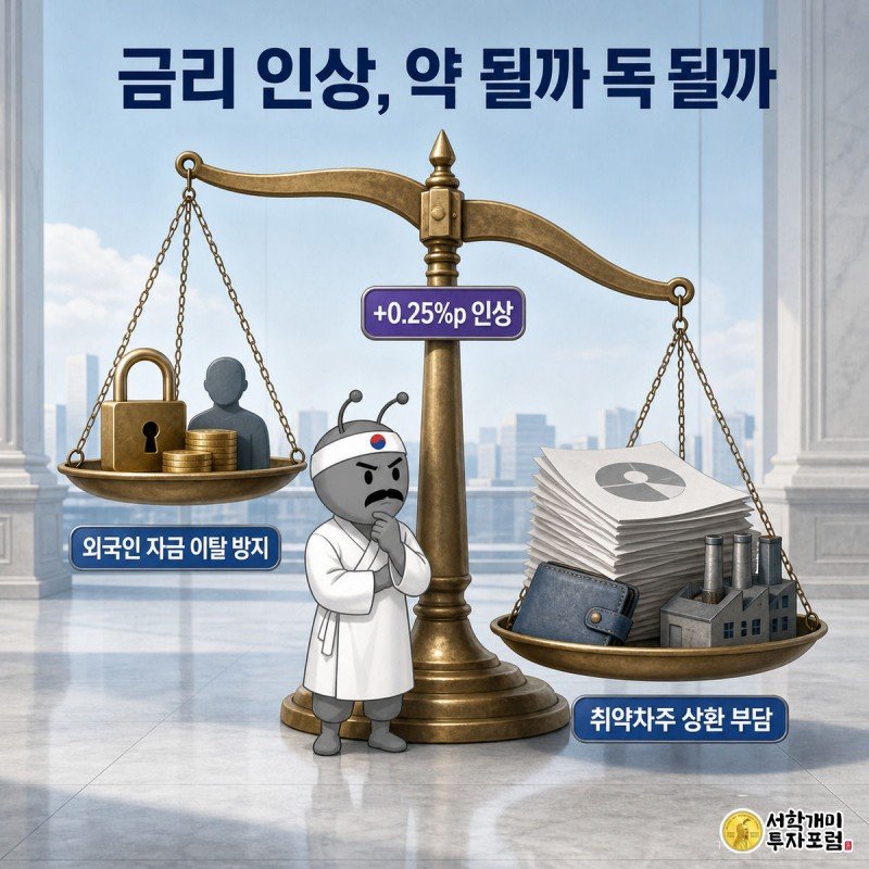 개미가 대형 저울 중앙에서 금리 인상의 효과와 부작용을 양쪽 접시로 번갈아 보며 고민하는 표정을 짓는 장면