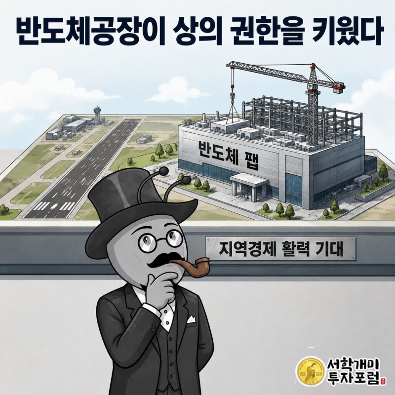부자개미가 광주 군공항 부지에 세워지는 반도체 팹 모형을 올려다보는 장면