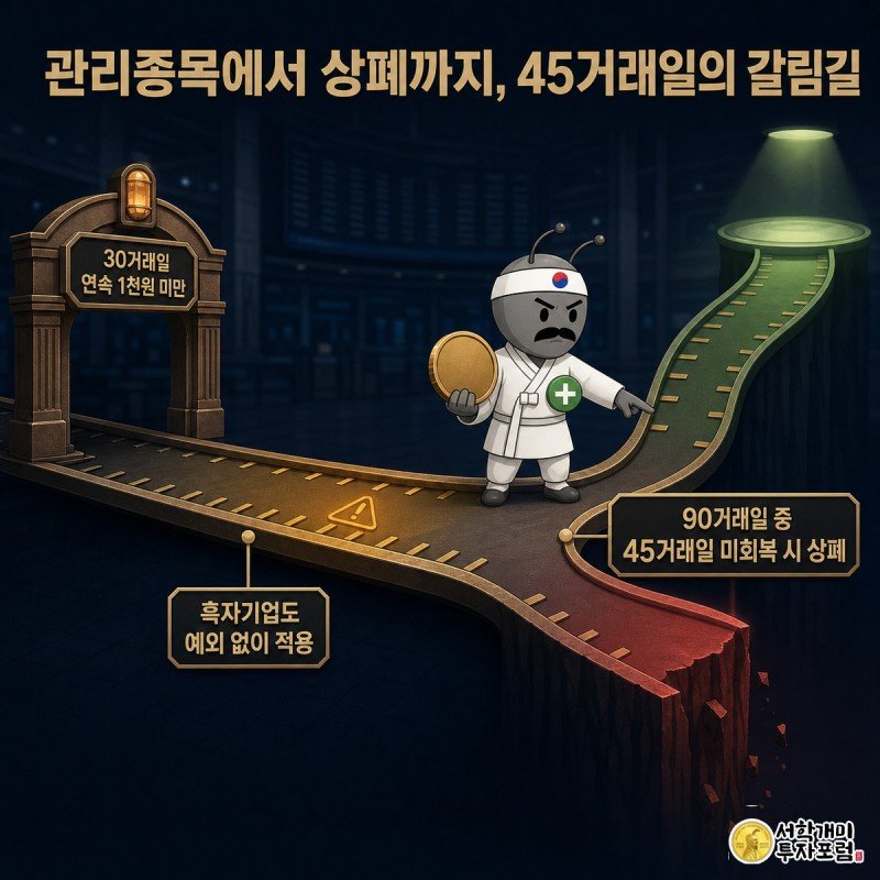 흑자 배지를 단 동전 캐릭터가 관리종목 갈림길에서 상장폐지 절벽과 회복 안전지대 사이에서 불안해하는 도해