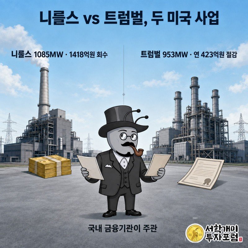 니를스 발전소와 트럼벌 발전소를 좌우로 비교하며 부자개미가 두 사업 서류를 살펴보는 인포그래픽